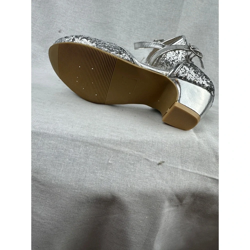 Leading Role Kids Silver Glitter Heels Ankle Strap‎ Dress Shoes Size 11/12